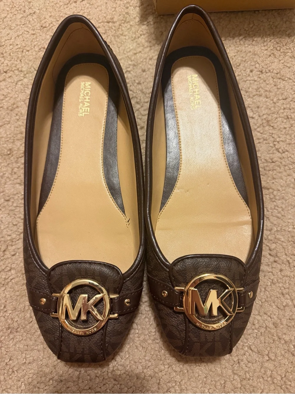 Michael Kors Dark Brown Logo MK Round-Toe Ballet Flats with Gold Hardware
